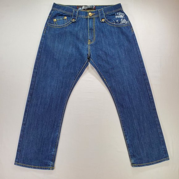 Clench Jeans Mens 36x32 Blue Denim Baggy Straight Leg Patchwork Grunge Vintage - Picture 1 of 16